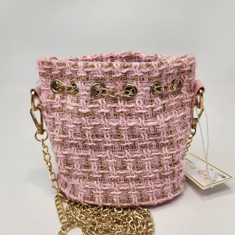 Tiny Treats by Zomi Gems Pink Gold Tweed Girls Bucket Bag Crossbody Faux Pearls